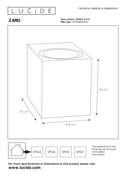 Lucide ZARO - Foco de pared / Lámpara de pared Dentro/Fuera - 1xGU10 - IP44 - Blanco - técnico